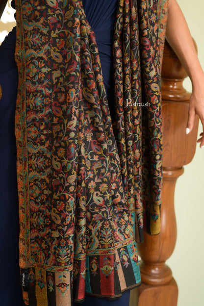 Pashtush India Womens Shawls Pashtush Womens Extra Fine Wool Shawl, Soft, Ethnic Weave Design Design, Black