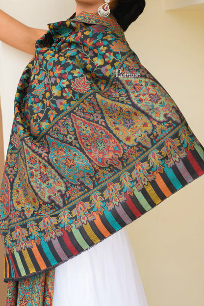 Pashtush India Womens Shawls Pashtush Womens Extra Fine Wool Shawl, Soft, Ethnic Weave Design Design, Black