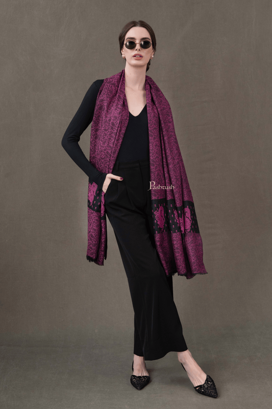 Pashtush India Womens Shawls Pashtush Womens Extra Fine Wool Shawl, Soft Tone On Tone Embroidery Design, Maroon