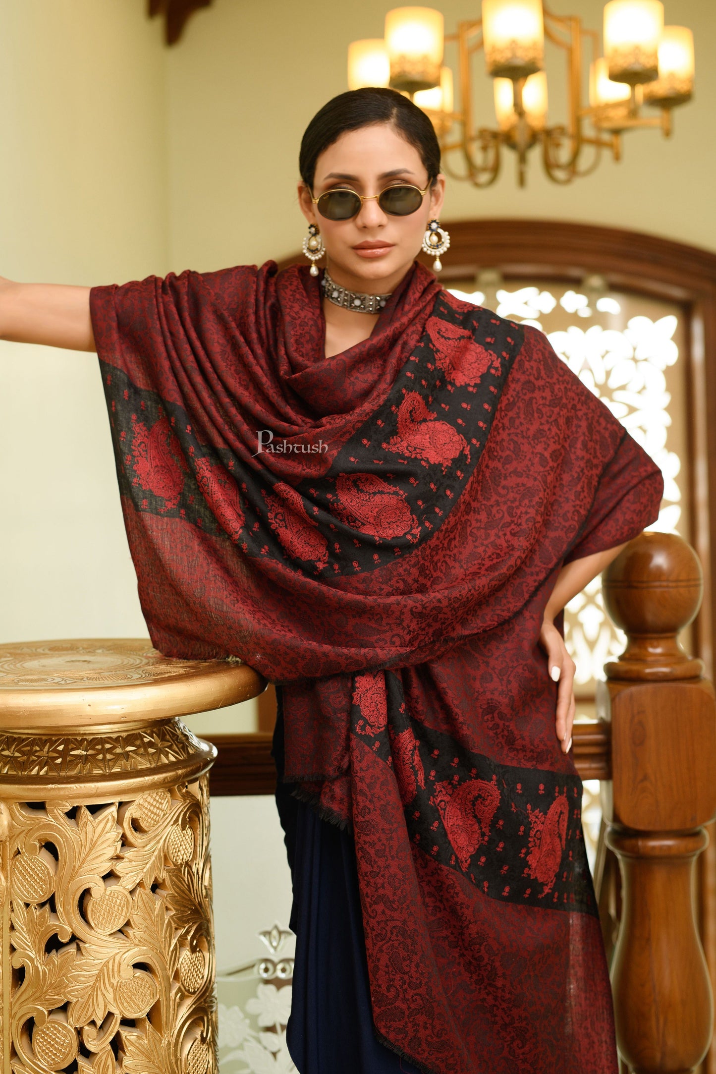Pashtush India Womens Shawls Pashtush Womens Extra Fine Wool Shawl, Soft Tone On Tone Embroidery Design, Maroon