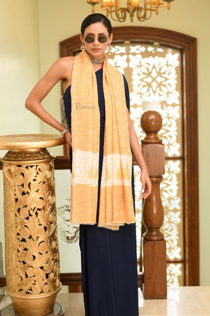 Pashtush India Womens Shawls Pashtush Womens Extra Fine Wool Shawl, Soft Tone On Tone Embroidery Design, Mustard