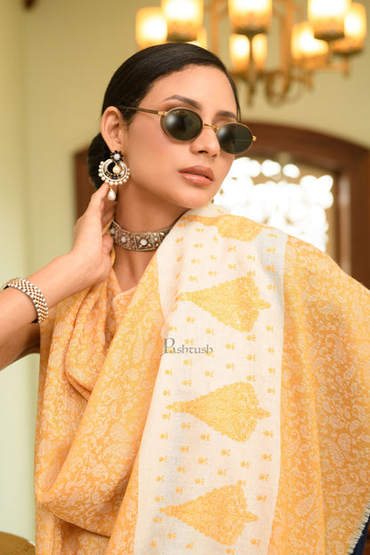 Pashtush India Womens Shawls Pashtush Womens Extra Fine Wool Shawl, Soft Tone On Tone Embroidery Design, Mustard