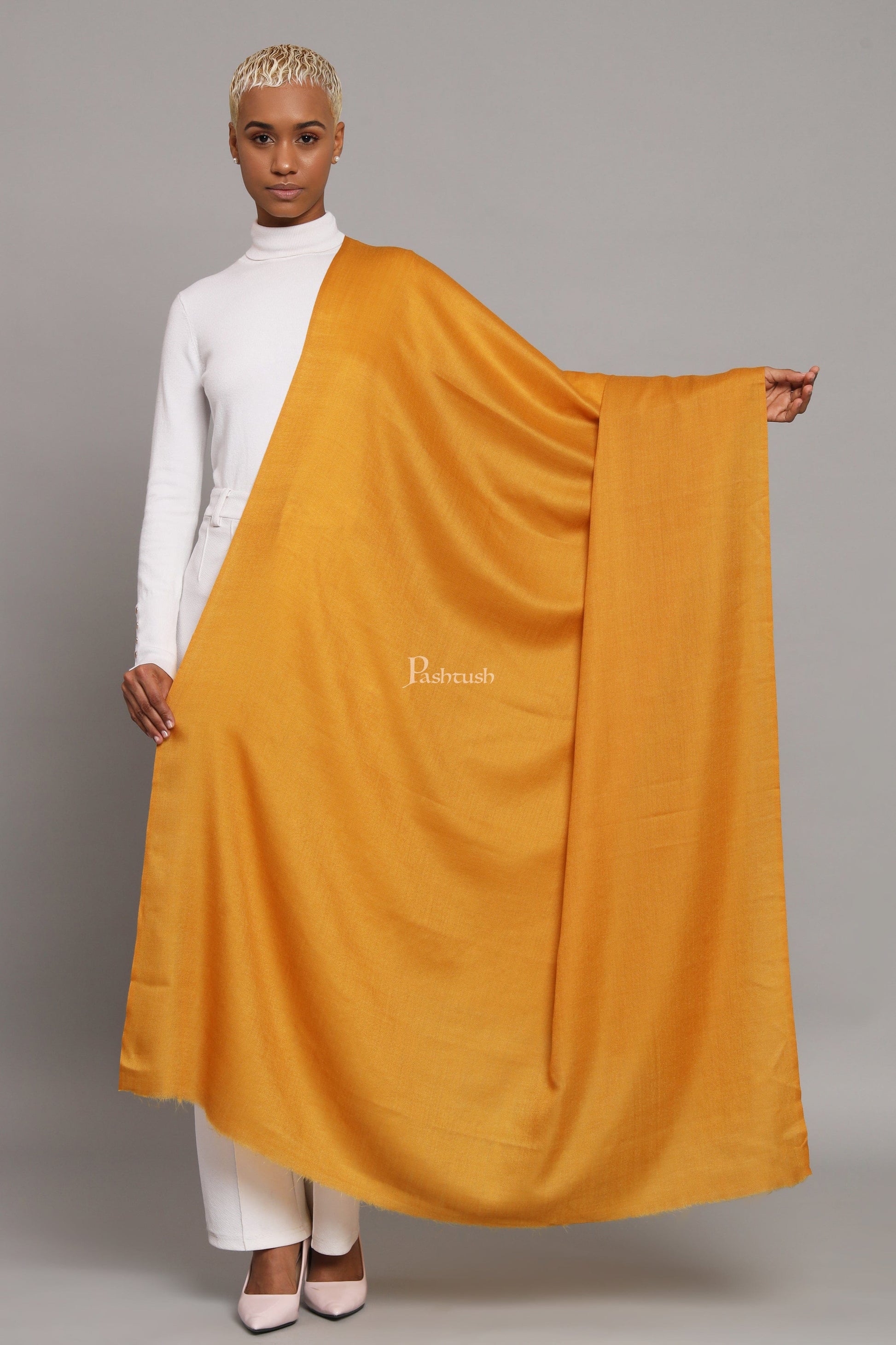 Pashtush India Womens Shawls Pashtush Womens Extra Fine Wool Shawl, Solid Weave Design, Mustard