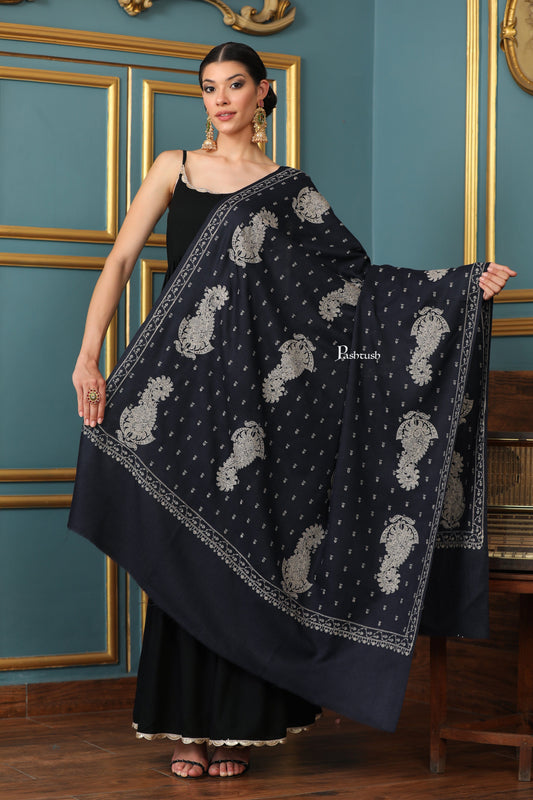 Pashtush India Womens Shawls Pashtush Womens Extra Fine Wool Shawl, Tone And Tone Ambi Design, Black