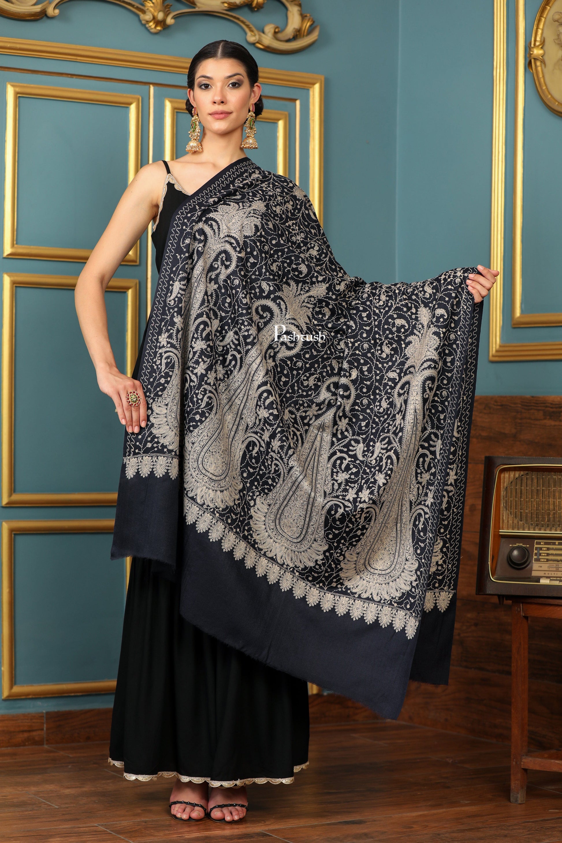 Pashtush India Womens Shawls Pashtush Womens Extra Fine Wool Shawl, Tone And Tone Ambi Design, Black