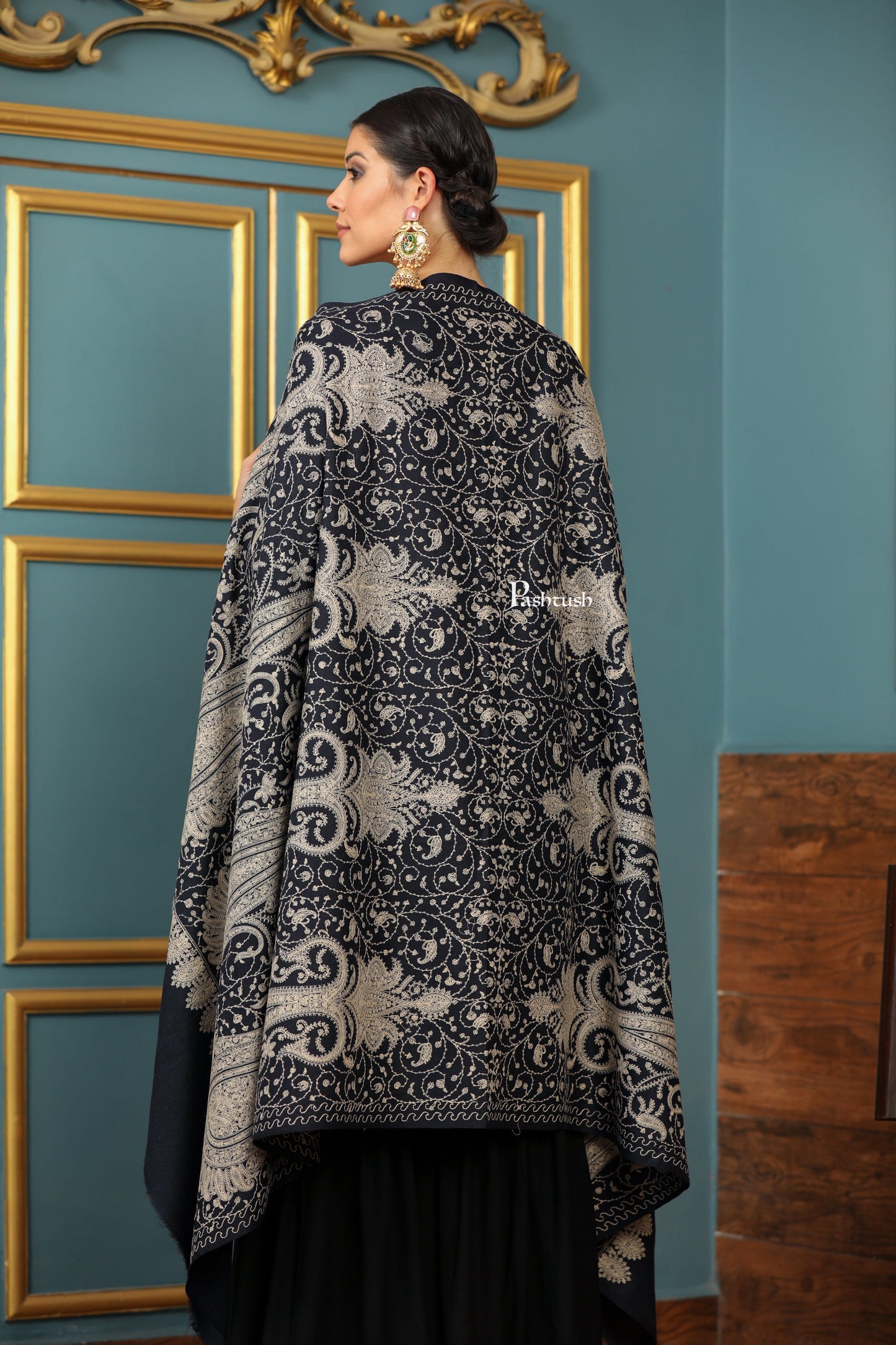 Pashtush India Womens Shawls Pashtush Womens Extra Fine Wool Shawl, Tone And Tone Ambi Design, Black