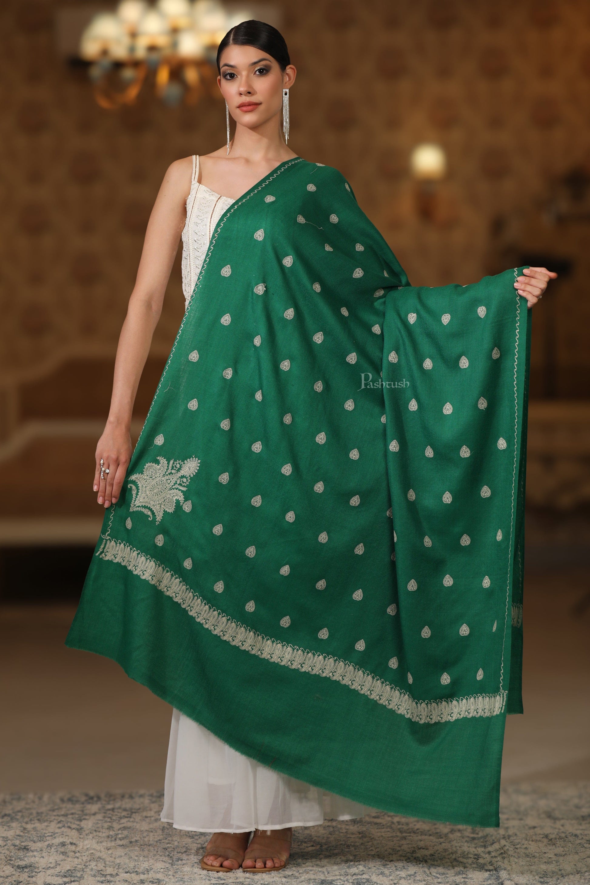 Pashtush India Womens Shawls Pashtush Womens Extra Fine Wool Shawl, Tone And Tone Ambi Design, Green