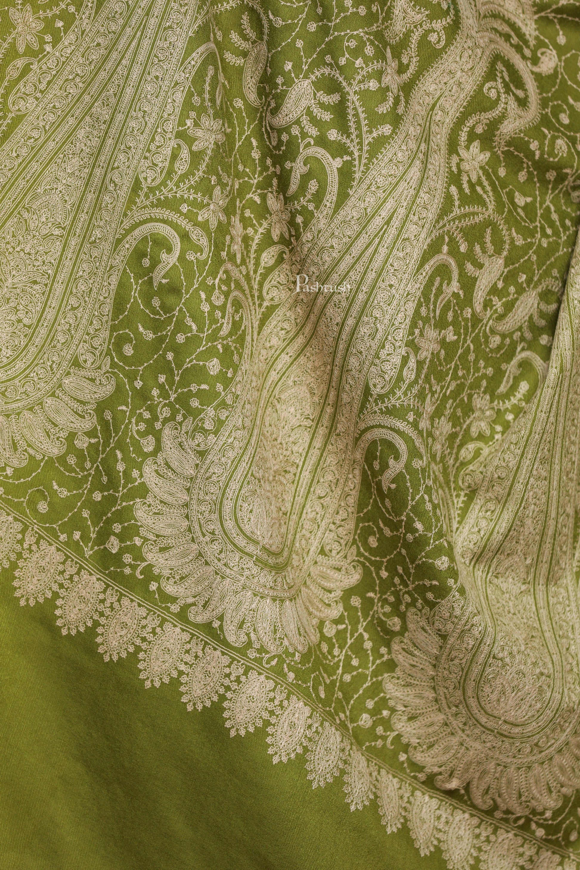 Pashtush India Womens Shawls Pashtush Womens Extra Fine Wool Shawl, Tone And Tone Ambi Design, Olive-green