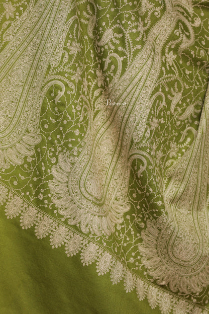 Pashtush India Womens Shawls Pashtush Womens Extra Fine Wool Shawl, Tone And Tone Ambi Design, Olive-green