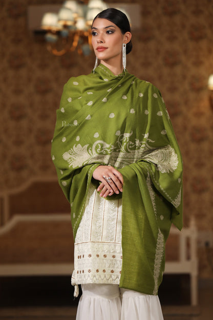 Pashtush India Womens Shawls Pashtush Womens Extra Fine Wool Shawl, Tone And Tone Ambi Design, Olive Green