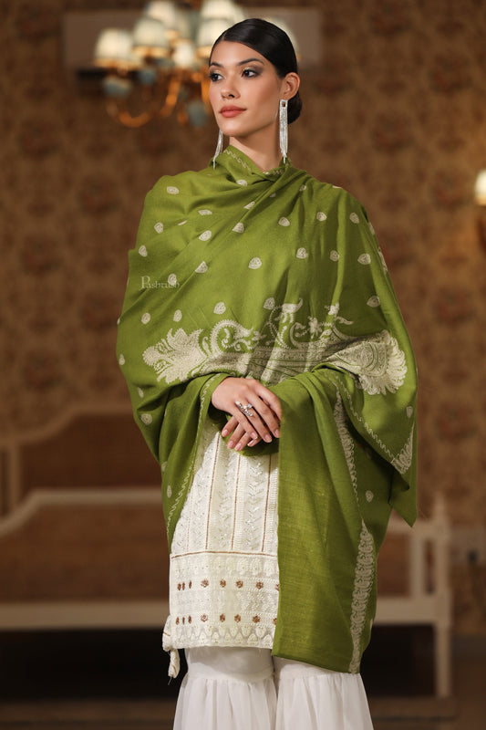 Pashtush India Womens Shawls Pashtush Womens Extra Fine Wool Shawl, Tone And Tone Ambi Design, Olive Green
