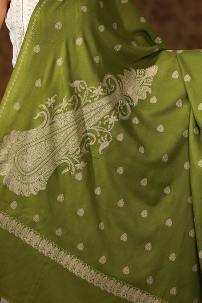 Pashtush India Womens Shawls Pashtush Womens Extra Fine Wool Shawl, Tone And Tone Ambi Design, Olive Green