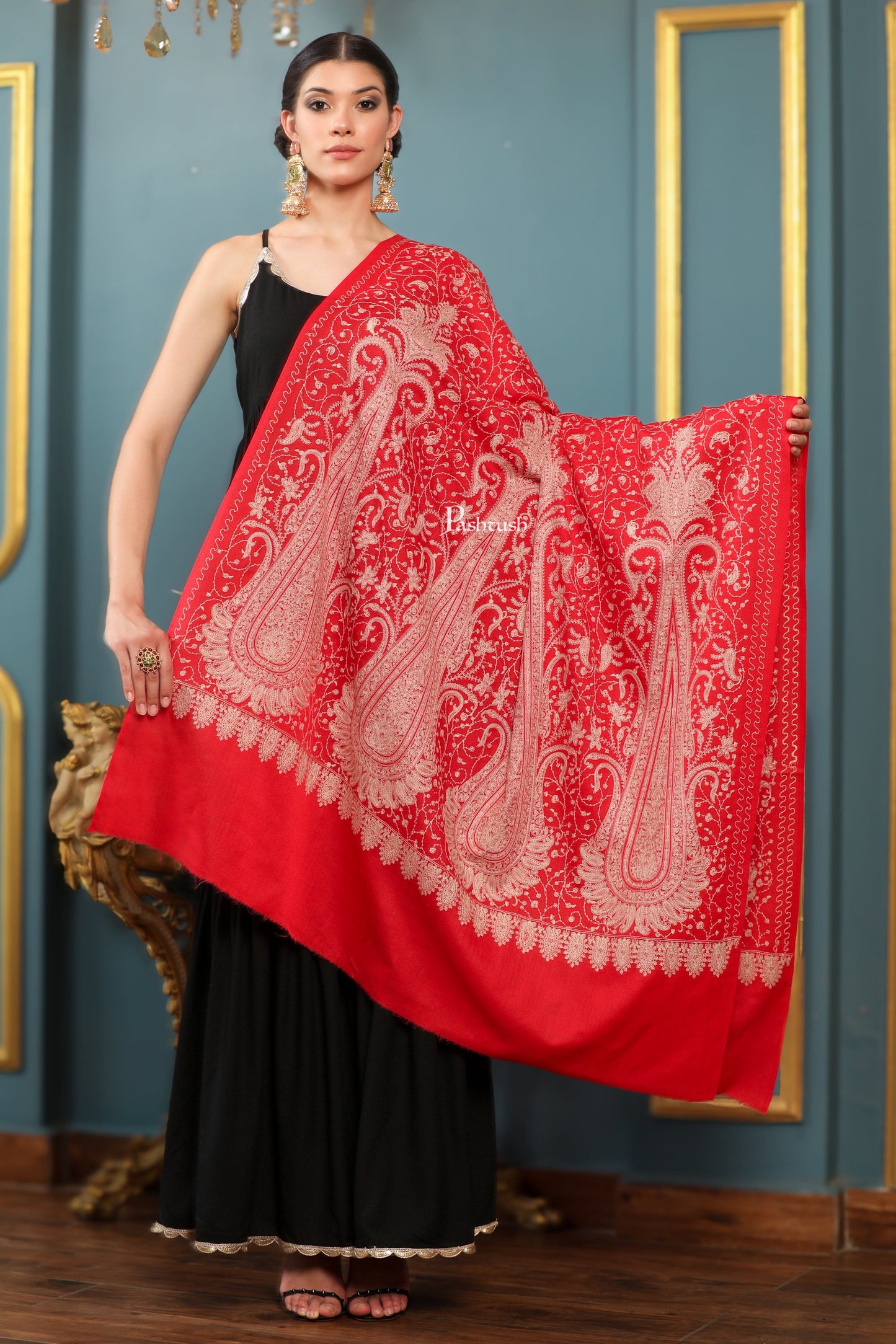 Pashtush India Womens Shawls Pashtush Womens Extra Fine Wool Shawl, Tone And Tone Ambi Design, Red