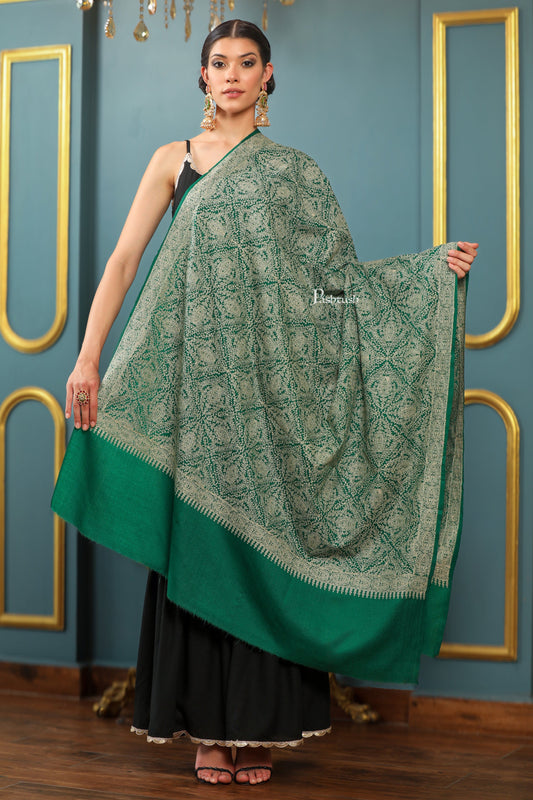 Pashtush India Womens Shawls Pashtush Womens Extra Fine Wool Shawl, Tone And Tone Jaal Design, Green