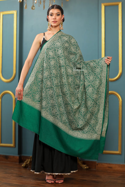 Pashtush India Womens Shawls Pashtush Womens Extra Fine Wool Shawl, Tone And Tone Jaal Design, Green