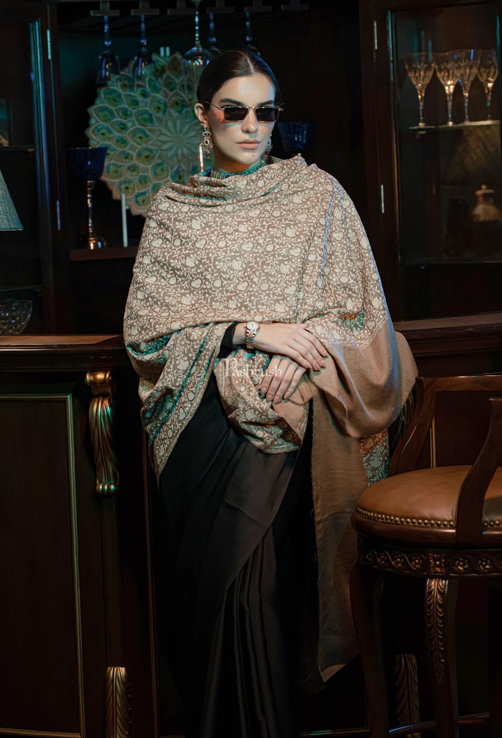 Pashtush India Womens Shawls Pashtush womens Extra Fine Wool Shawl, tone on tone design, Taupe