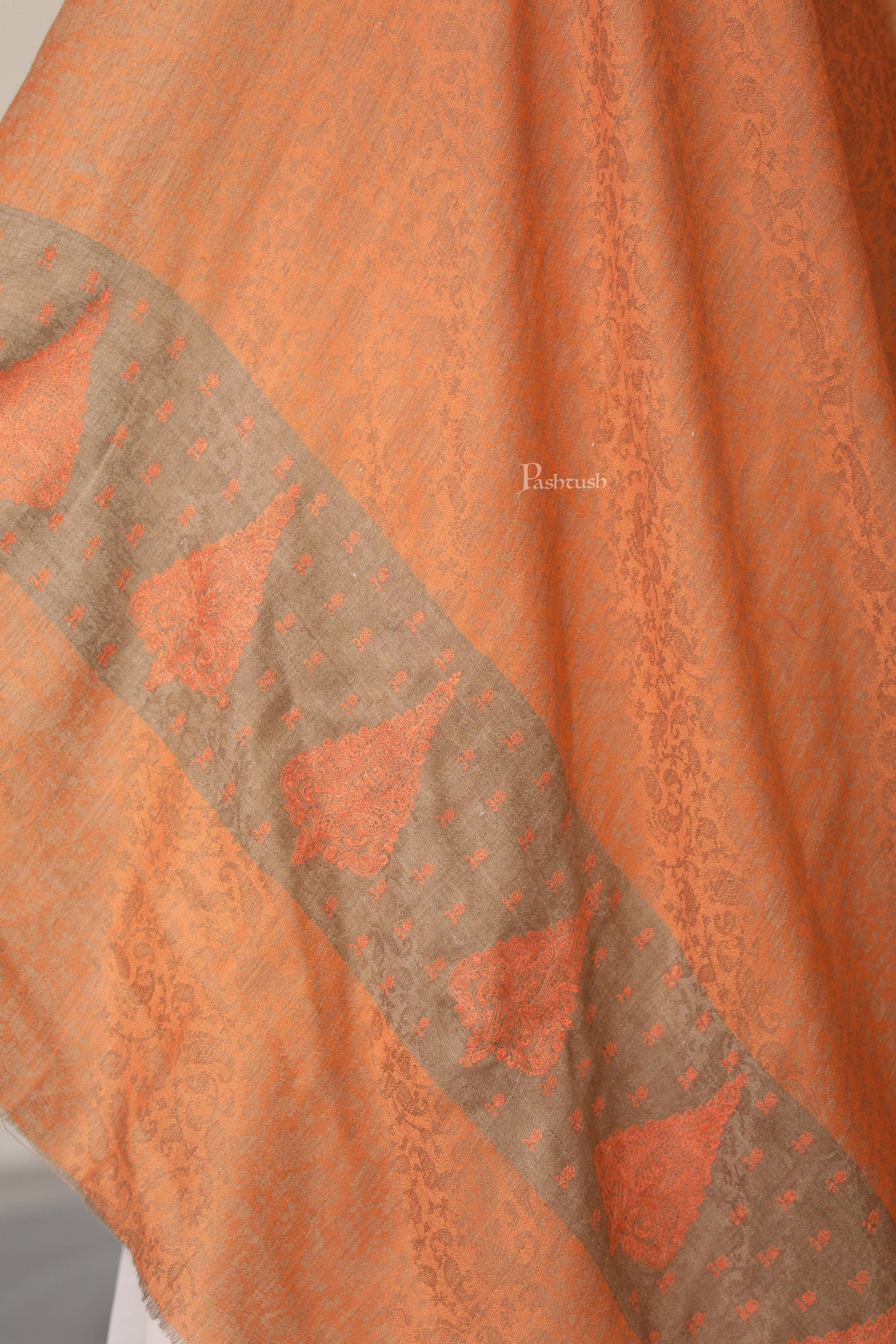 Pashtush India Womens Shawls Pashtush Womens Extra Fine Wool Shawl, Tone On Tone Embroidery Design, Peach