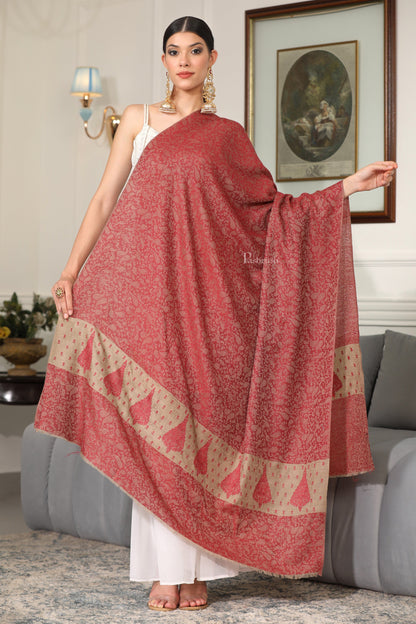 Pashtush India Womens Shawls Pashtush Womens Extra Fine Wool Shawl, Tone On Tone Embroidery  Design, Red