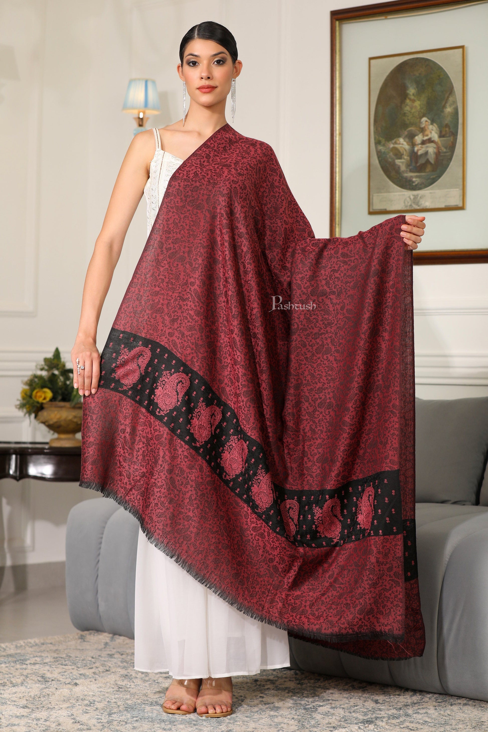 Pashtush India Womens Shawls Pashtush Womens Extra Fine Wool Shawl, Tone On Tone Embroidery Design, Rose
