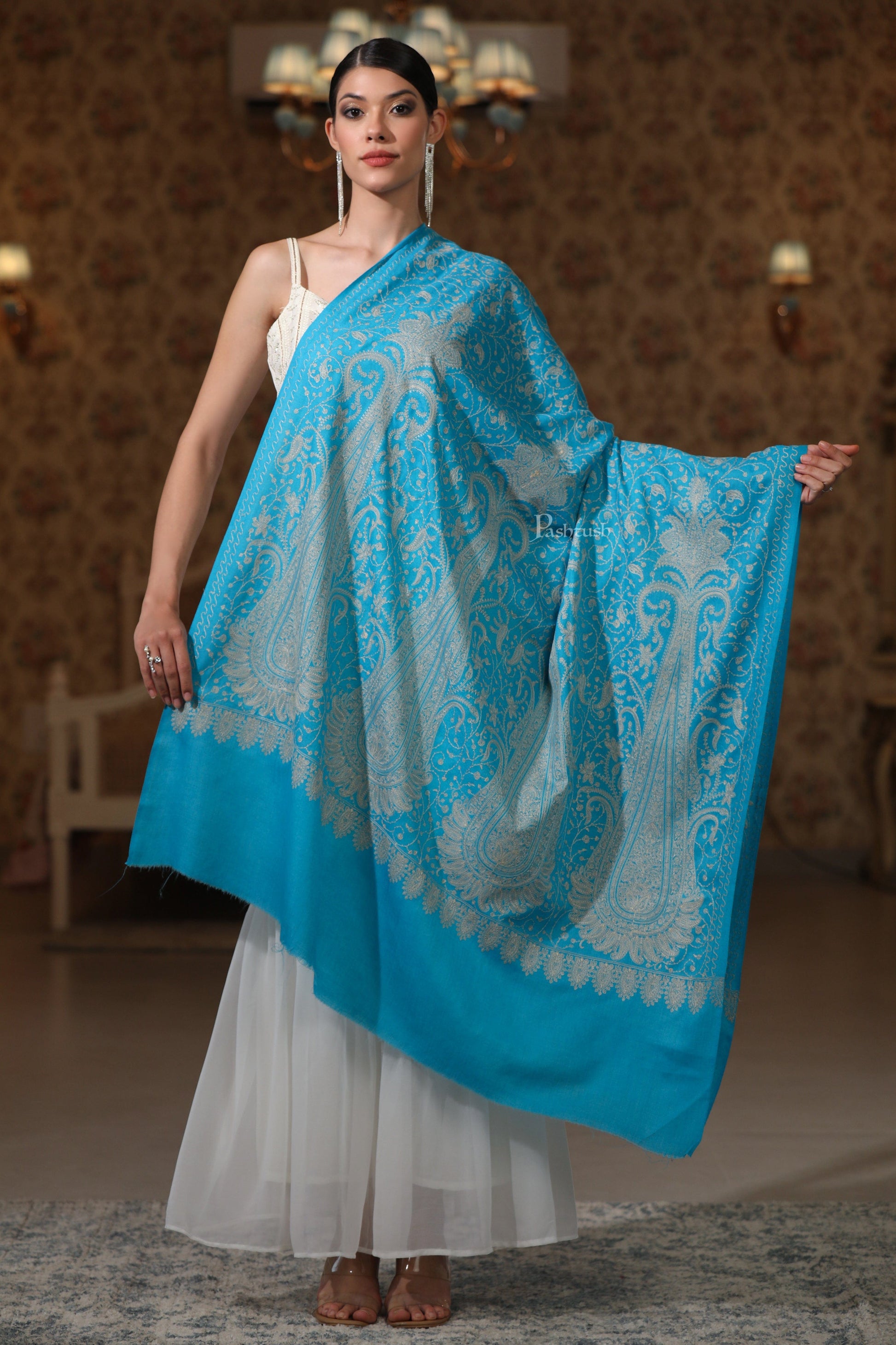 Pashtush India Womens Shawls Pashtush Womens Extra Fine Wool Shawl, Tone On Tone Embroidery Large Paisleys Design, Blue