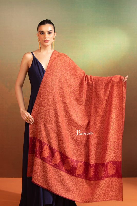 Pashtush India Womens Shawls Pashtush Womens Extra Fine Wool Shawl, Tone On Tone Embroidery, Paisley Palla Design, Maroon