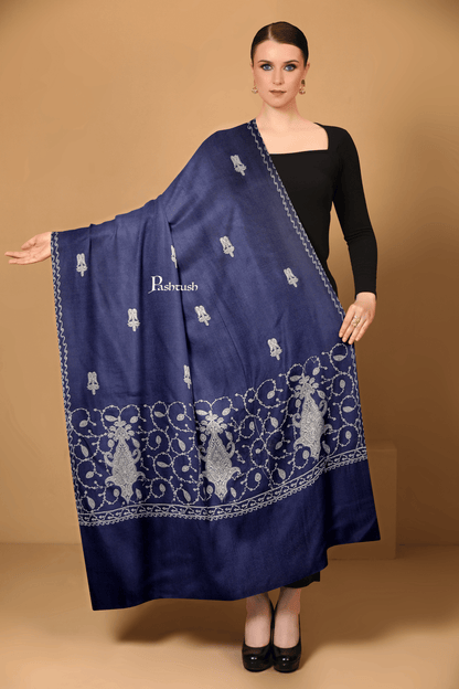 Pashtush India Womens Shawls Pashtush Womens Extra Fine Wool Shawl, Tone On Tone Embroidery Palla Design, Blue