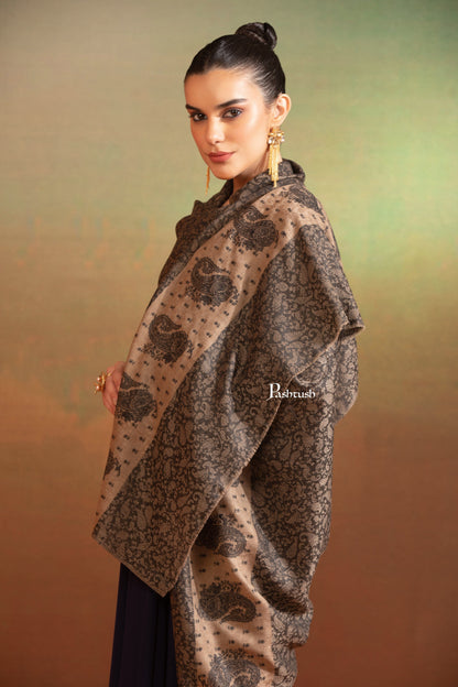 Pashtush India Womens Shawls Pashtush Womens Extra Fine Wool Shawl, Tone On Tone Palla Embroidery Design, Black