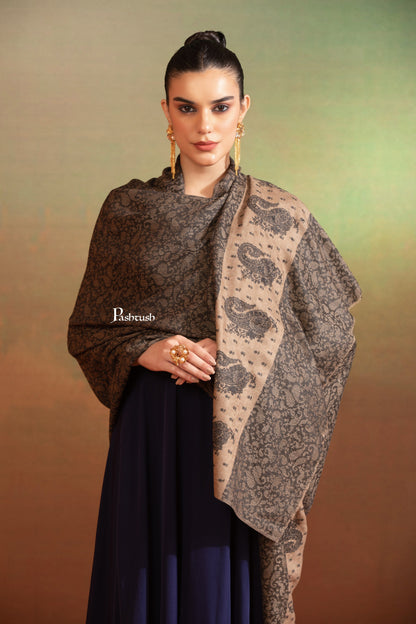 Pashtush India Womens Shawls Pashtush Womens Extra Fine Wool Shawl, Tone On Tone Palla Embroidery Design, Black