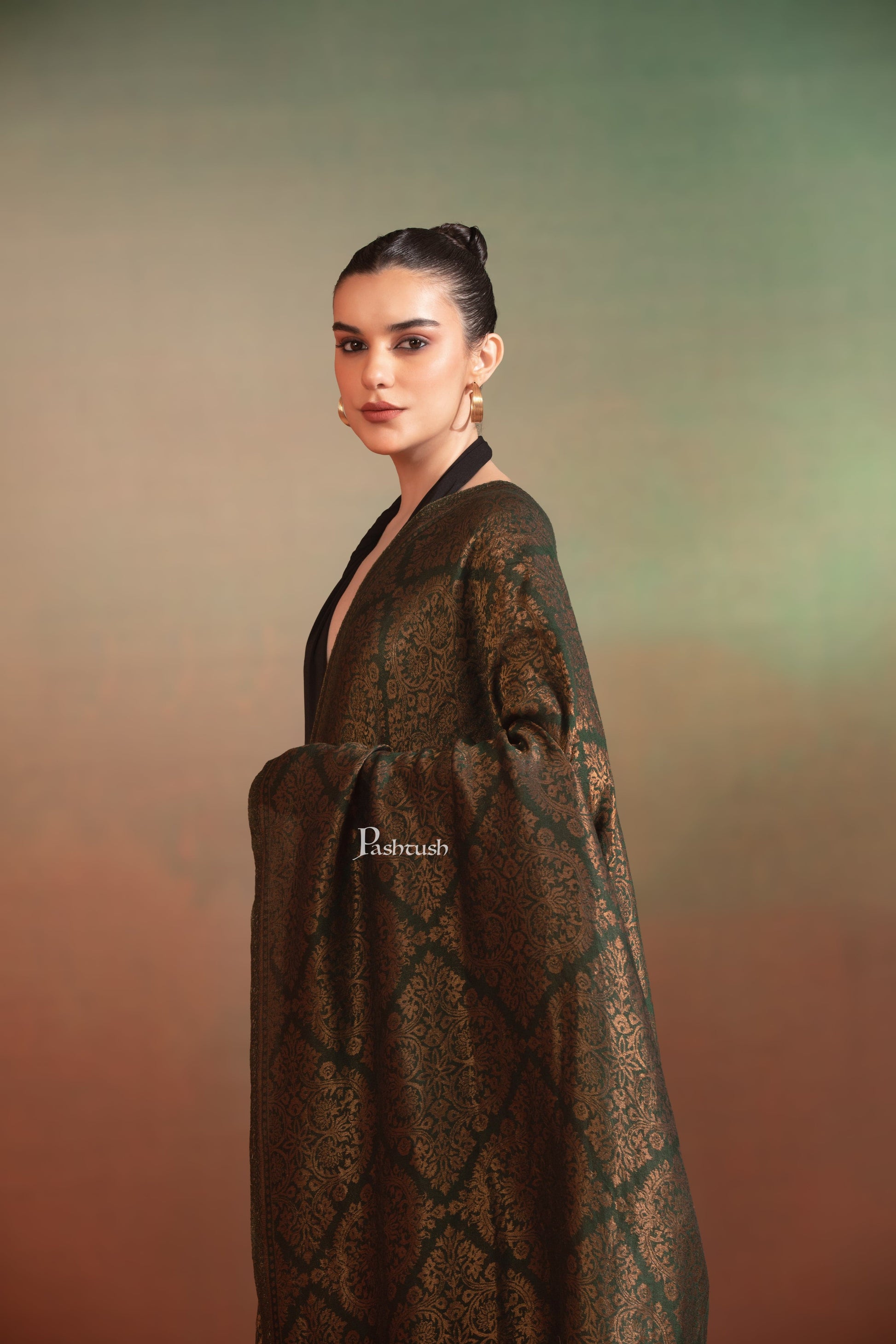 Pashtush India Womens Shawls Pashtush Womens Extra Fine Wool Shawl, Twilight Collection, Woven Design, Green