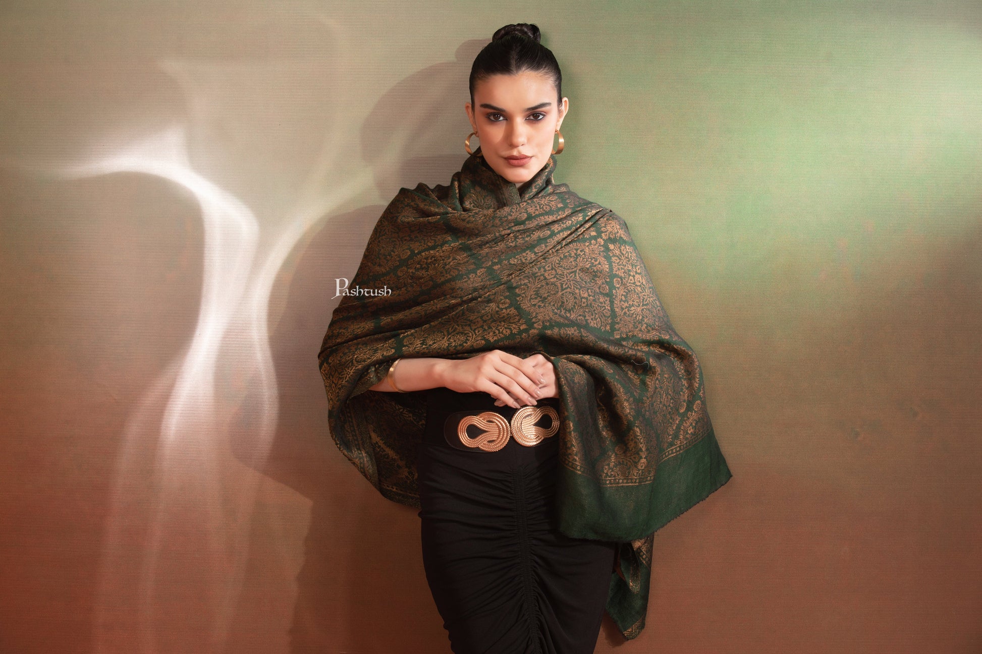Pashtush India Womens Shawls Pashtush Womens Extra Fine Wool Shawl, Twilight Collection, Woven Design, Green