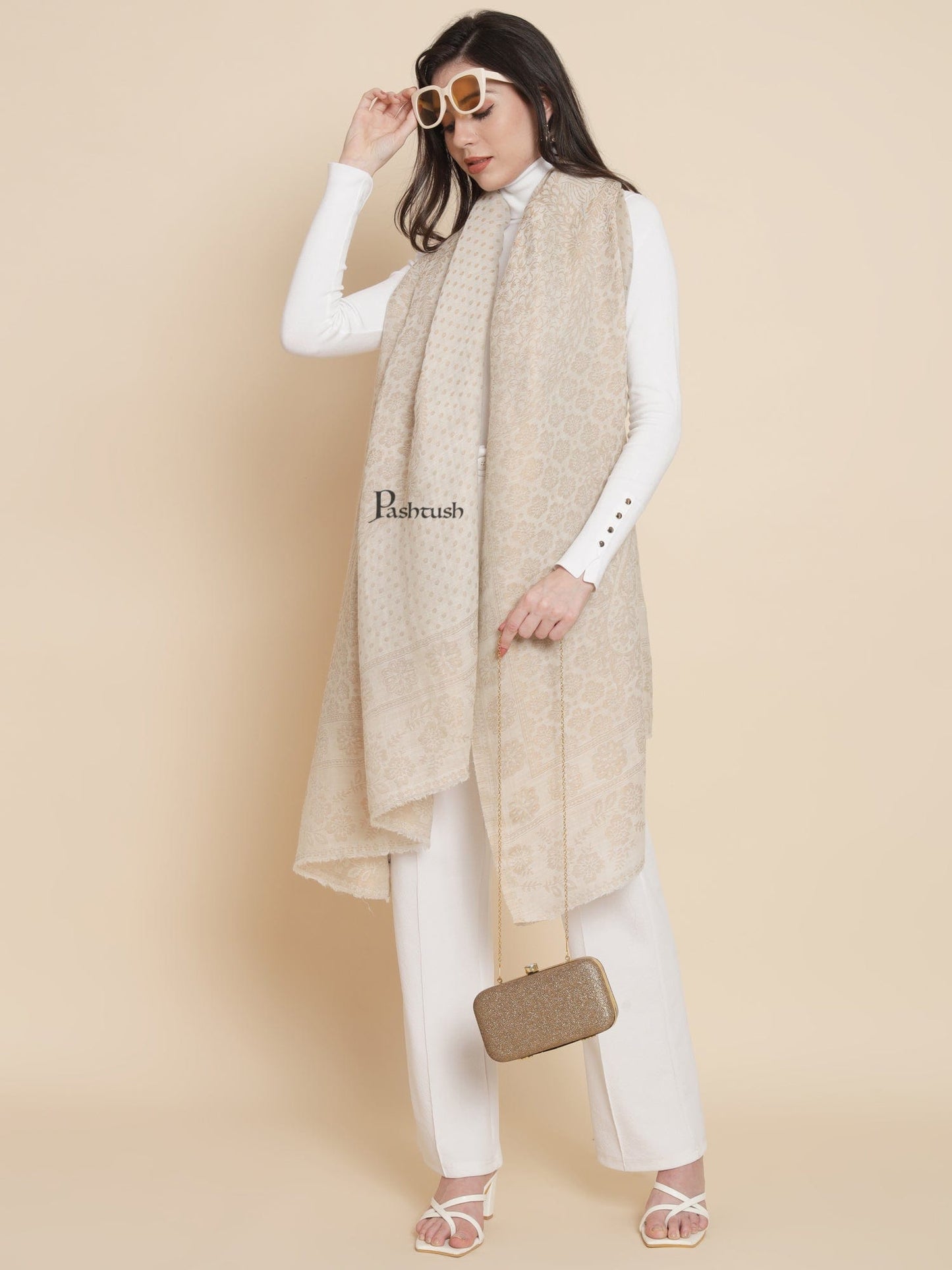 Pashtush India Womens Shawls Pashtush Womens Extra Fine Wool Shawl, Twilight Reversible Design, Ivory