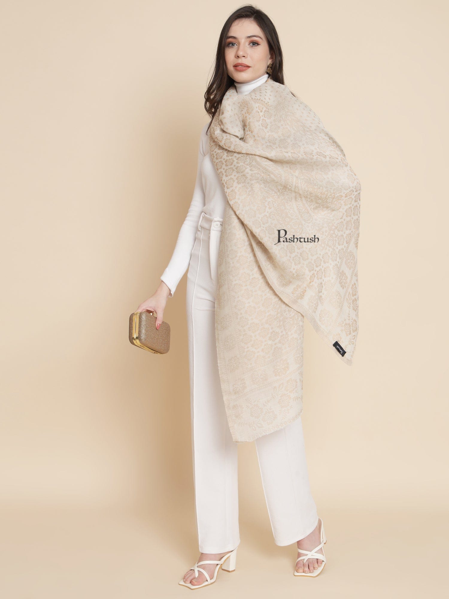 Pashtush India Womens Shawls Pashtush Womens Extra Fine Wool Shawl, Twilight Reversible Design, Ivory