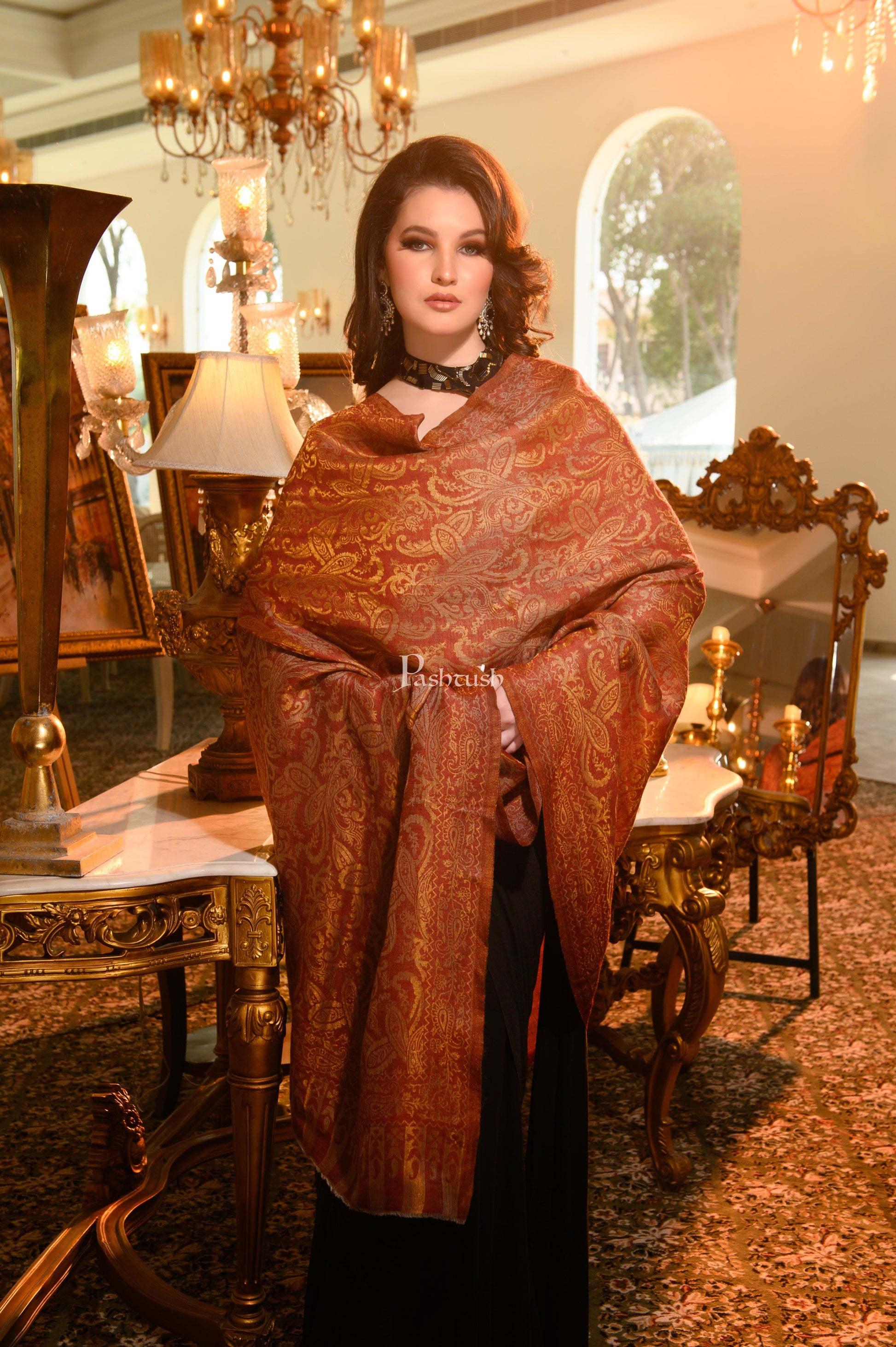 Pashtush India Womens Shawls Pashtush Womens Extra Fine Wool Shawl, Twilight Reversible Design, Maroon