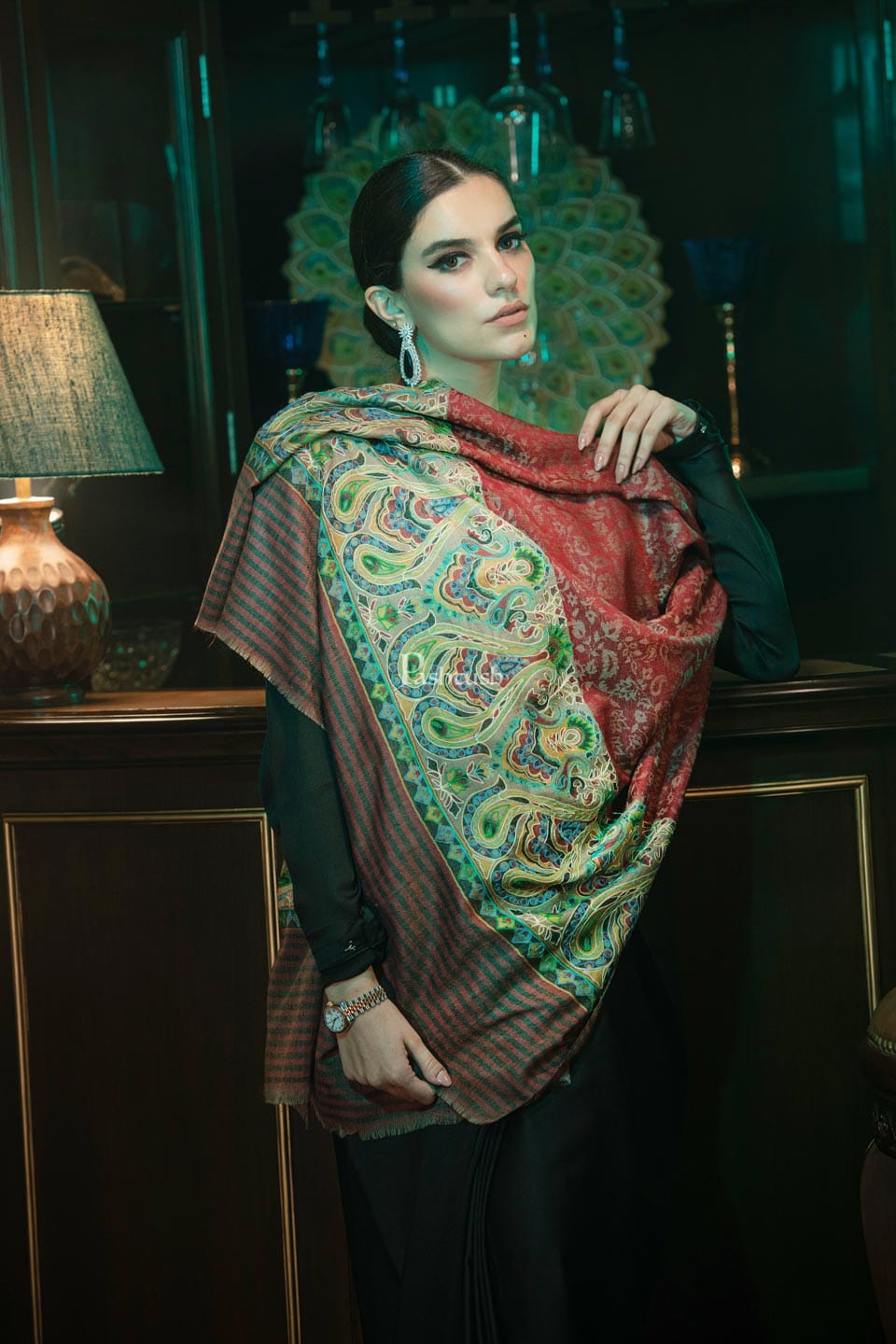 Pashtush India Womens Shawls Pashtush womens Extra Fine Wool shawl, With Embroidered Ethnic Palla design, Soft and Warm, Multicolour