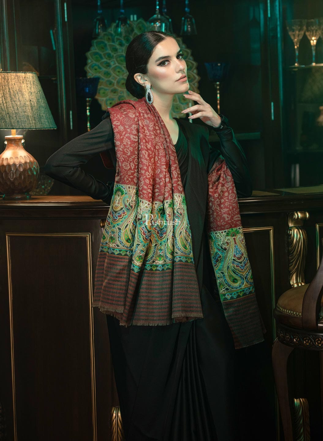 Pashtush India Womens Shawls Pashtush womens Extra Fine Wool shawl, With Embroidered Ethnic Palla design, Soft and Warm, Multicolour