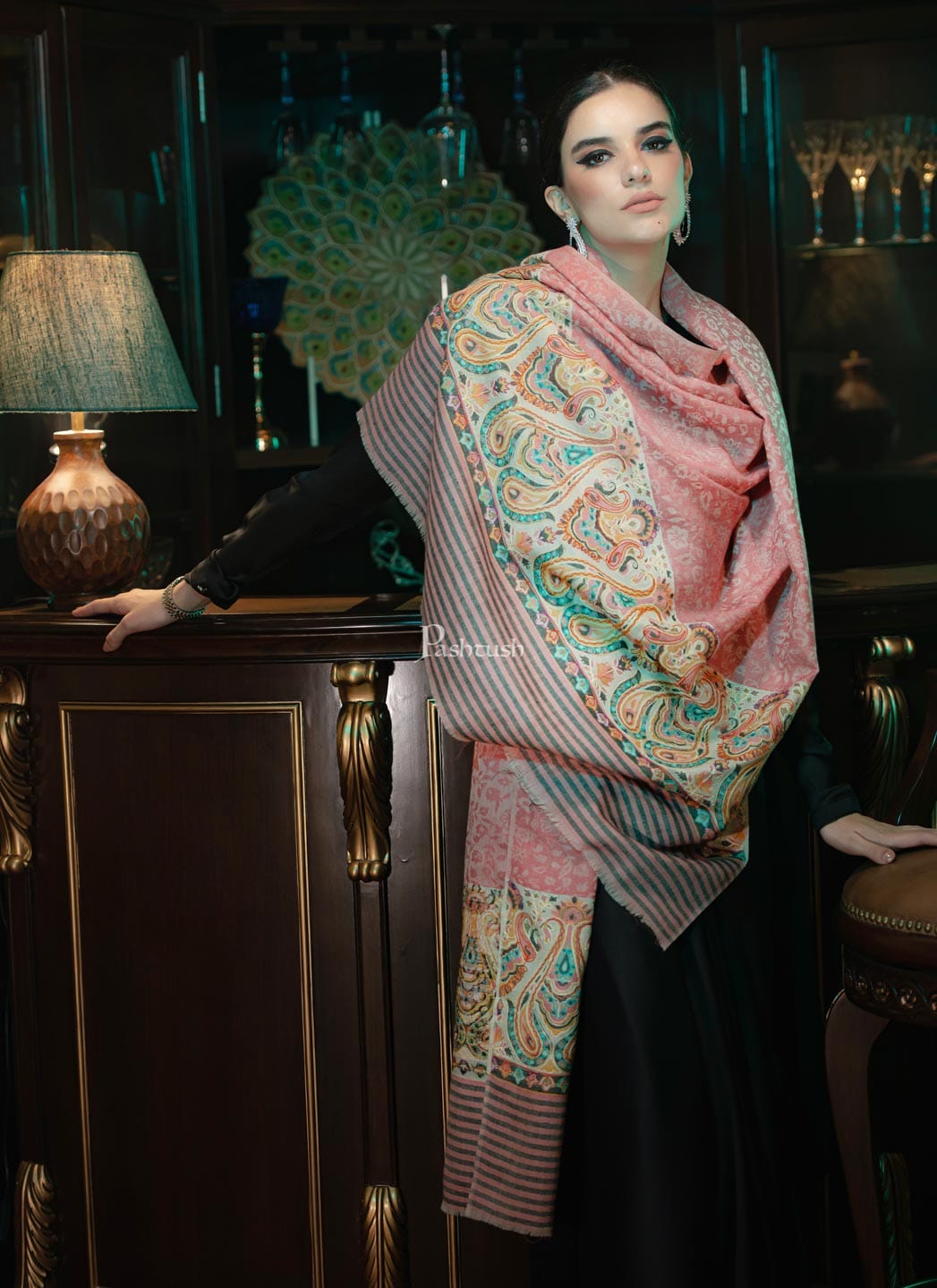 Pashtush India Womens Shawls Pashtush womens Extra Fine Wool shawl, With Embroidered Ethnic Palla design, Soft and Warm, Multicolour