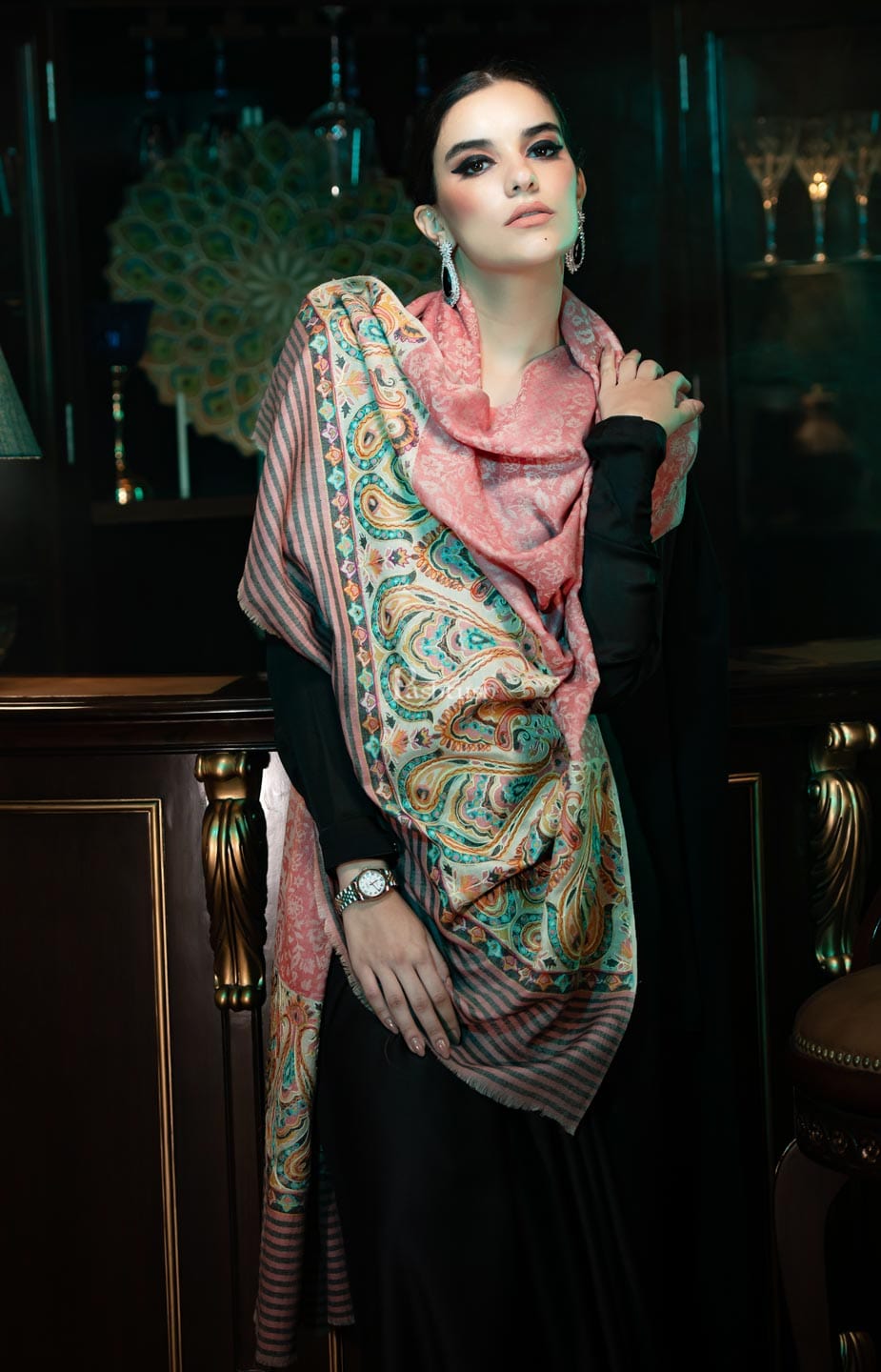 Pashtush India Womens Shawls Pashtush womens Extra Fine Wool shawl, With Embroidered Ethnic Palla design, Soft and Warm, Multicolour
