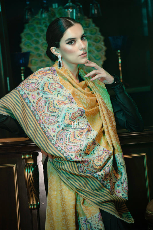 Pashtush India Womens Shawls Pashtush womens Extra Fine Wool shawl, With Embroidered Ethnic Palla design, Yellow