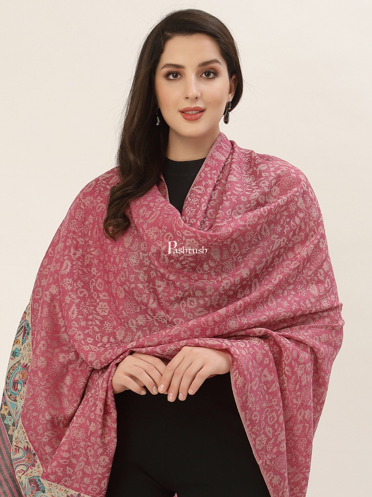 Pashtush India Womens Shawls Pashtush Womens Extra Fine Wool Shawl, With Embroidered Ethnic Palla , Soft and Warm