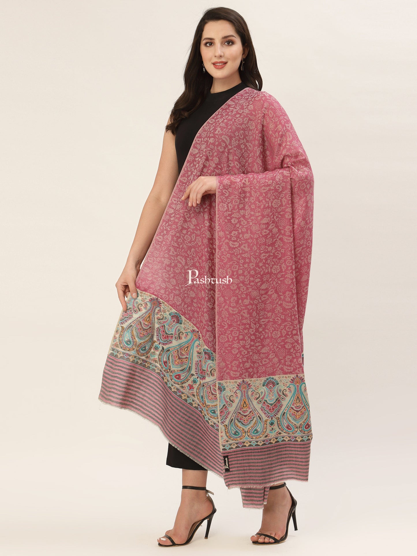 Pashtush India Womens Shawls Pashtush Womens Extra Fine Wool Shawl, With Embroidered Ethnic Palla , Soft and Warm