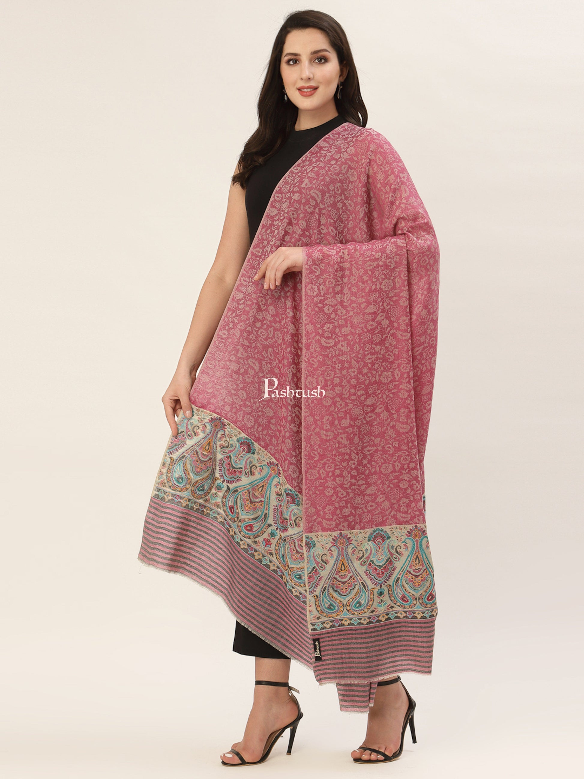 Pashtush India Womens Shawls Pashtush Womens Extra Fine Wool Shawl, With Embroidered Ethnic Palla , Soft and Warm