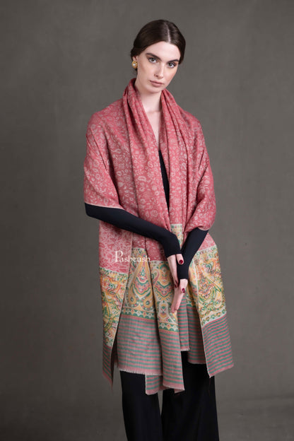 Pashtush India Womens Shawls Pashtush Womens Extra Fine Wool Shawl, Woven Ethnic Palla Design, Rose