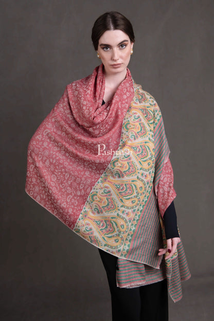Pashtush India Womens Shawls Pashtush Womens Extra Fine Wool Shawl, Woven Ethnic Palla Design, Rose