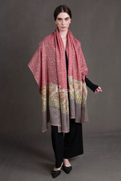 Pashtush India Womens Shawls Pashtush Womens Extra Fine Wool Shawl, Woven Ethnic Palla Design, Rose