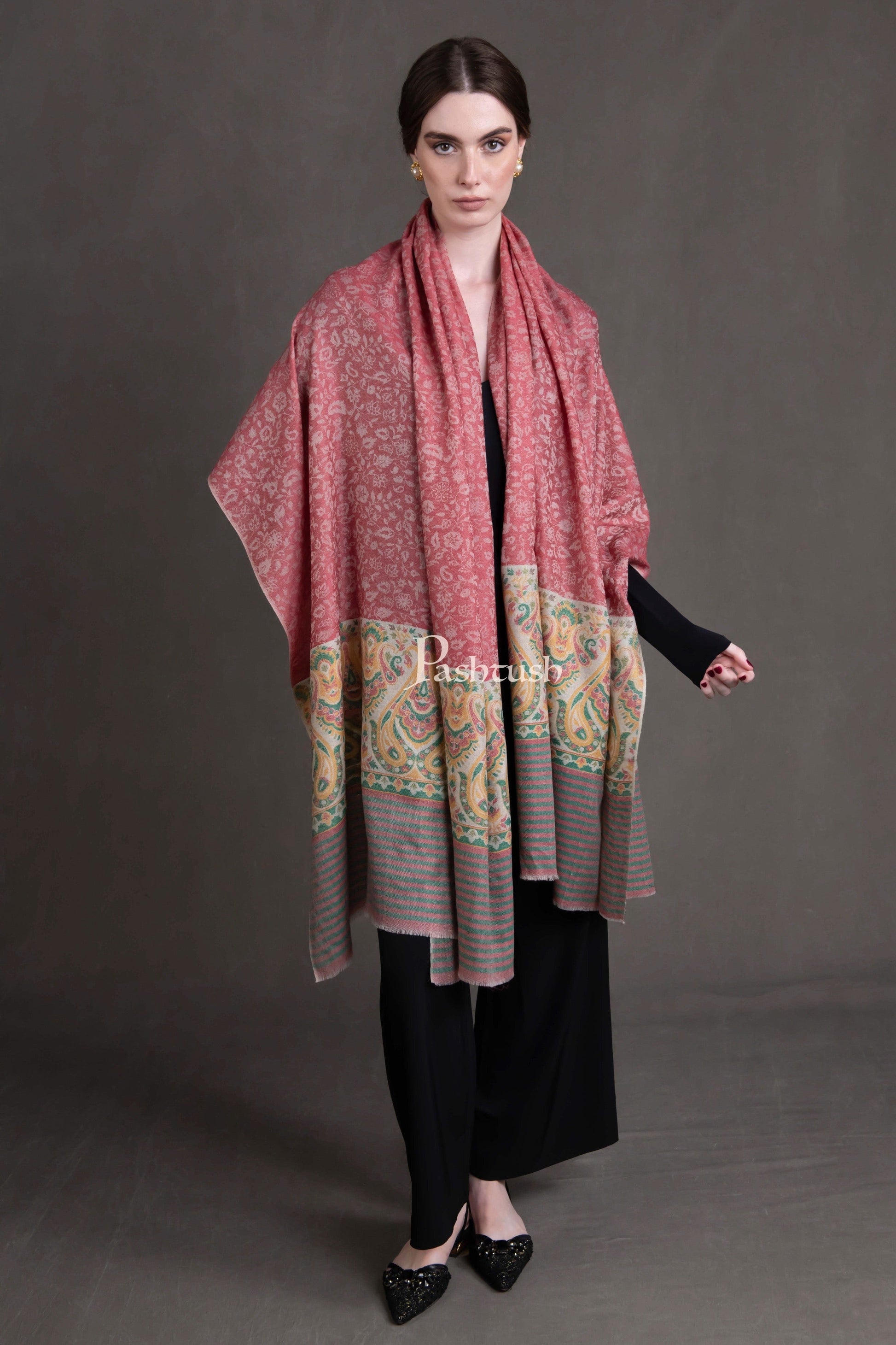 Pashtush India Womens Shawls Pashtush Womens Extra Fine Wool Shawl, Woven Ethnic Palla Design, Rose