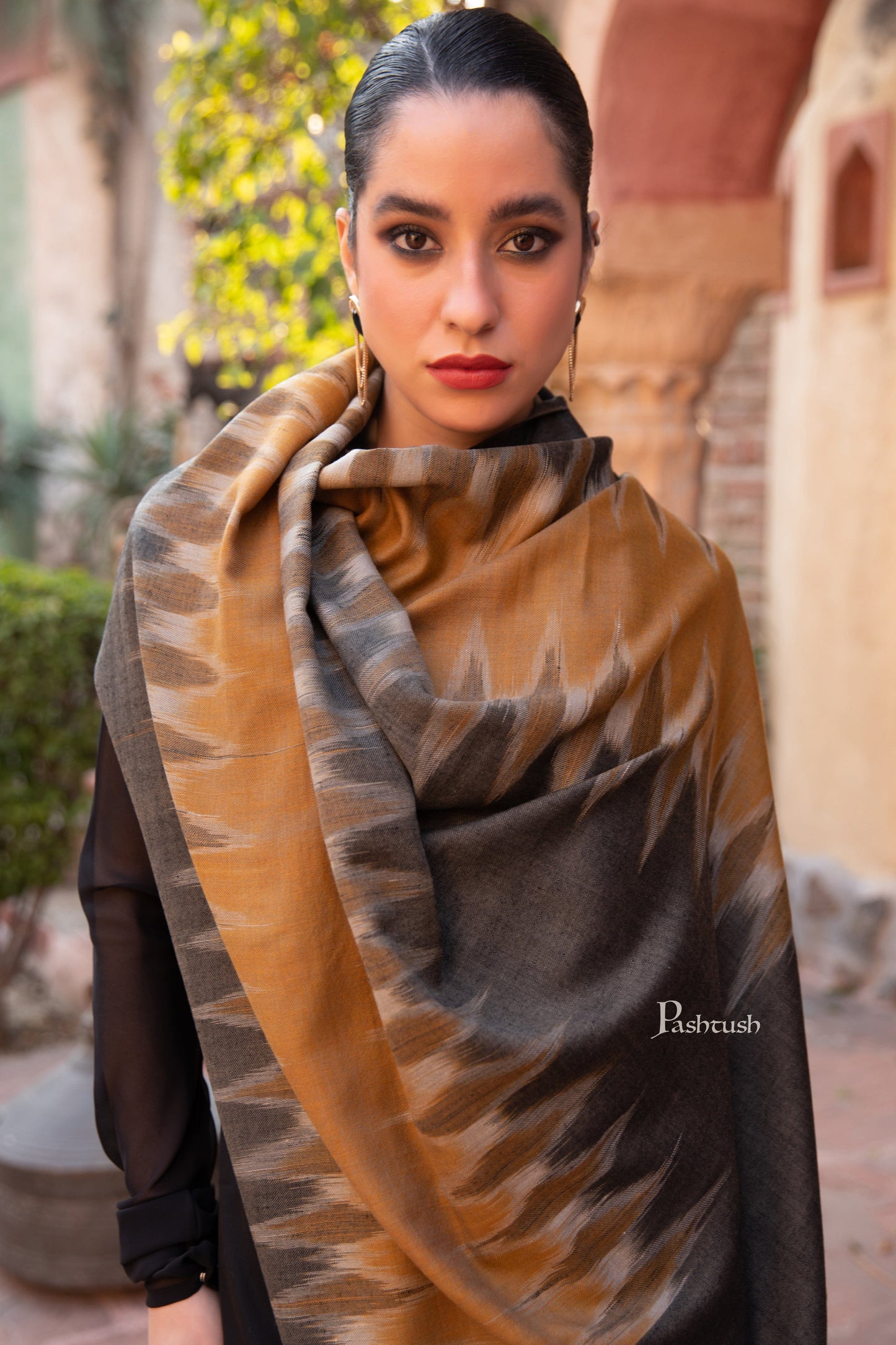 Pashtush India Womens Stoles and Scarves Scarf Pashtush Womens Extra Fine Wool Silk Stole, Ikkat Design, Black And Mustard