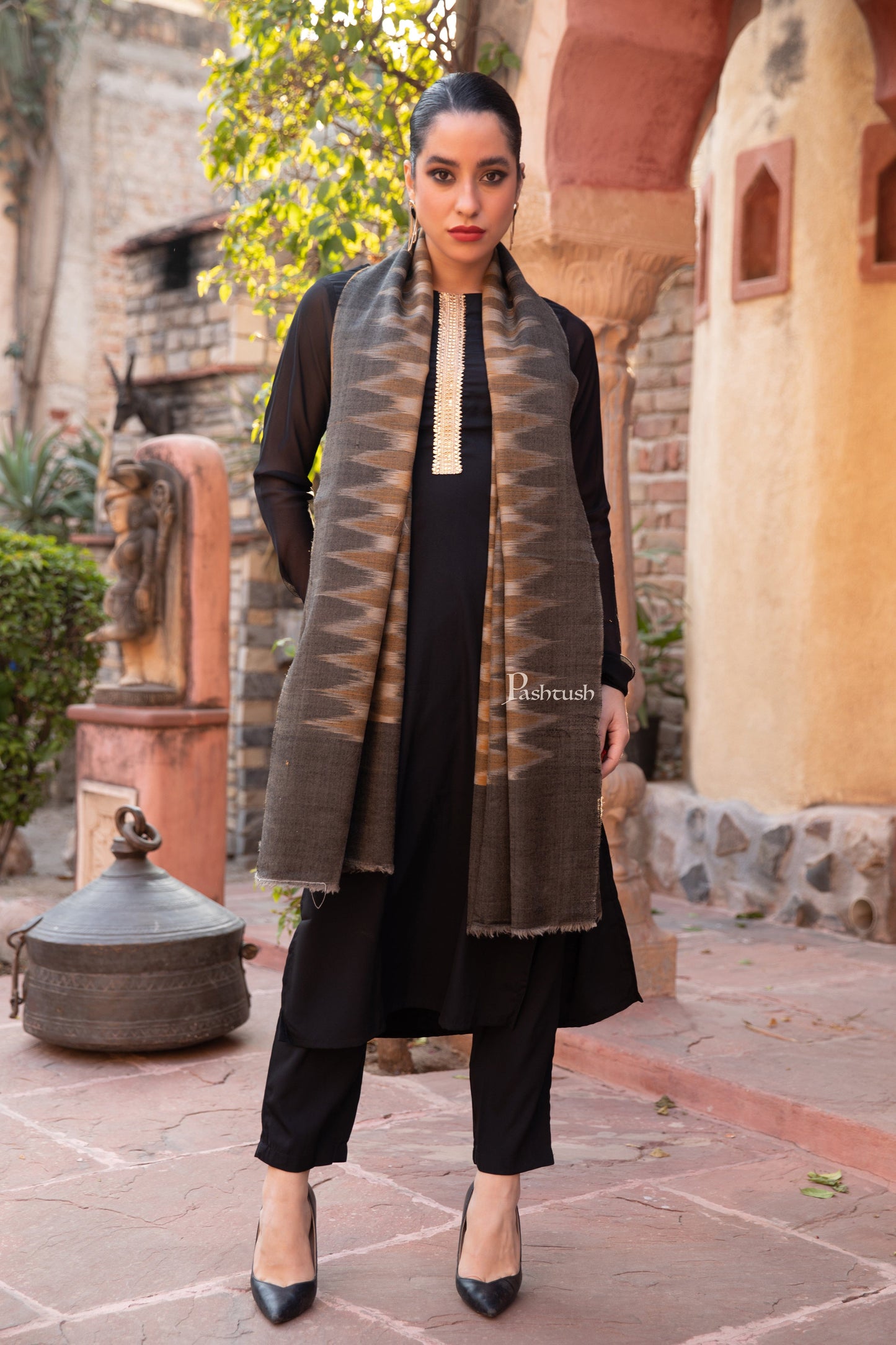 Pashtush India Womens Stoles and Scarves Scarf Pashtush Womens Extra Fine Wool Silk Stole, Ikkat Design, Black And Mustard