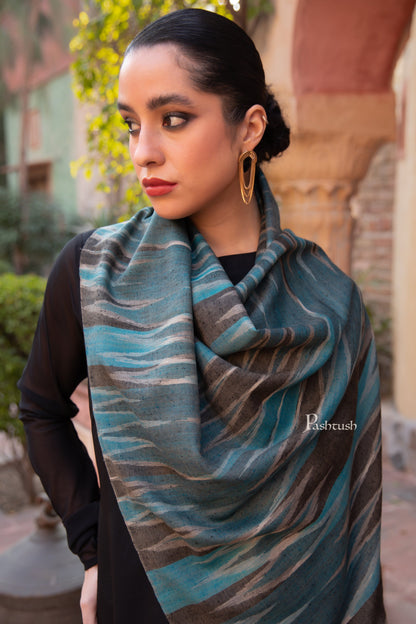 Pashtush India Womens Stoles and Scarves Scarf Pashtush Womens Extra Fine Wool Silk Stole, Ikkat Design, Blue