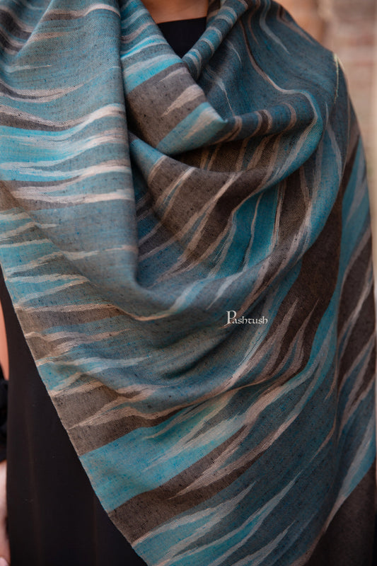 Pashtush India Womens Stoles and Scarves Scarf Pashtush Womens Extra Fine Wool Silk Stole, Ikkat Design, Blue