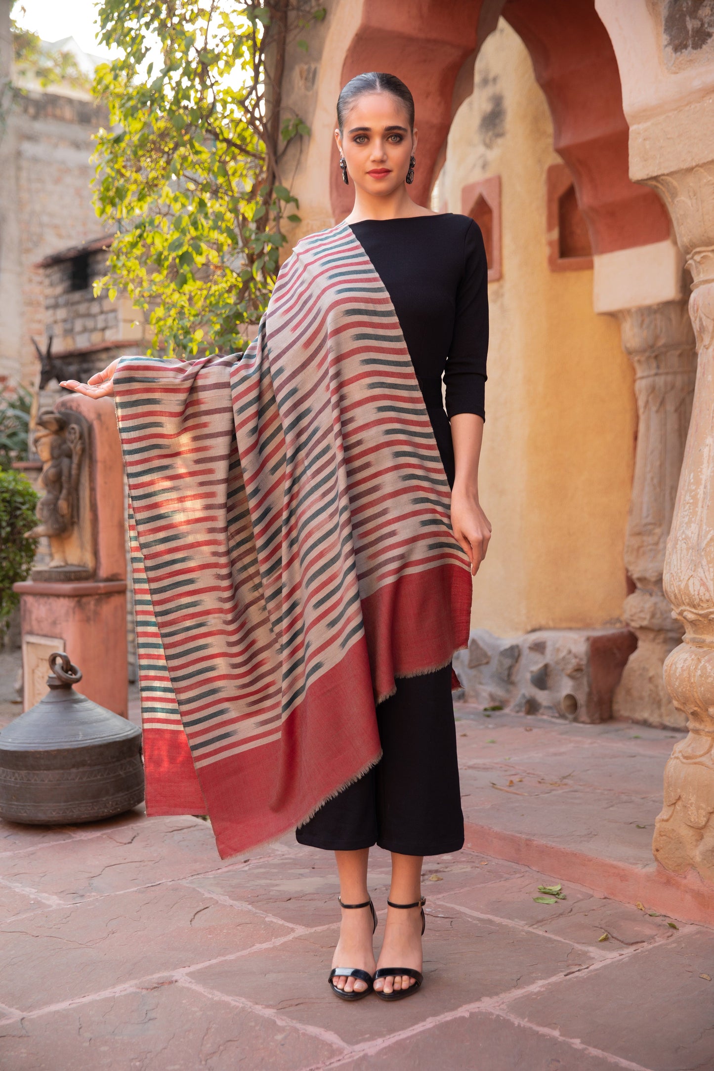 Pashtush India Womens Stoles and Scarves Scarf Pashtush Womens Extra Fine Wool Silk Stole, Ikkat Design, Red